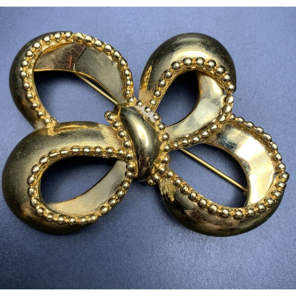 Monet Bow Brooch Pin Chunky Large Big Bold Gold Tone Classic Vintage